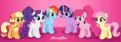 Size: 4624x1600 | Tagged: safe, artist:cloudy glow, applejack, fluttershy, pinkie pie, rainbow dash, rarity, twilight sparkle, earth pony, pegasus, pony, unicorn, g4, alternate hairstyle, barbie, barbie hair, female, group picture, mane six, movie accurate, pink background, ponytail, ribbon, simple background, unicorn twilight