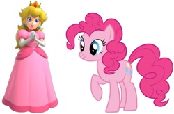 Size: 1123x735 | Tagged: safe, artist:brony1997, pinkie pie, earth pony, human, pony, g4, clothes, crown, dress, duo, ear piercing, earring, female, gloves, gown, jewelry, long gloves, low effort, mare, nintendo, piercing, pink dress, princess peach, regalia, simple background, solo, super mario bros., white background