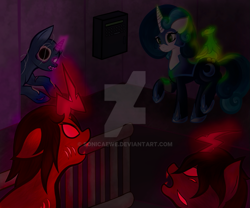 Size: 827x688 | Tagged: safe, artist:sonicaewe, oc, balefire phoenix, ghoul, phoenix, pony, undead, fallout equestria, g4, canterlot, canterlot ruins, deviantart watermark, fallout equestria remains, obtrusive watermark, remains, watermark