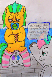 Size: 2264x3334 | Tagged: safe, artist:bitter sweetness, hitch trailblazer, zipp storm, earth pony, pegasus, pony, g5, abdl, adult foal, clothes, high res, potty training, socks, spanish, spanish text, speech bubble, striped socks, traditional art, training potty, translated in the description