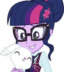 Size: 2241x2520 | Tagged: safe, edit, edited screencap, editor:mrtoonlover83, screencap, angel bunny, sci-twi, twilight sparkle, human, rabbit, equestria girls, g4, animal, background removed, duo, female, high res, male, not a vector, simple background, transparent background