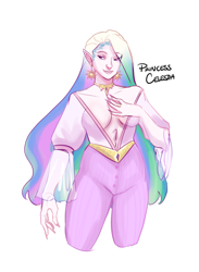 Size: 2830x3860 | Tagged: safe, artist:artbysarf, princess celestia, human, g4, albino, alternate hairstyle, belly button, belt, breasts, busty princess celestia, clothes, ear piercing, earring, elf ears, female, high res, humanized, jewelry, makeup, nail polish, pants, piercing, regalia, ring, shirt, sideboob, simple background, solo, tattoo, white background