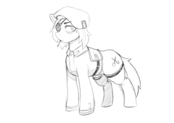 Size: 3508x2480 | Tagged: safe, artist:doofrabbit, oc, oc only, earth pony, pony, equestria at war mod, clothes, communism, eyepatch, female, hat, high res, mare, monochrome, simple background, sketch, solo, white background