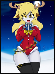 Size: 2200x2977 | Tagged: safe, artist:dibujoschidosdelabad, derpy hooves, human, equestria girls, g4, antlers, breasts, busty derpy hooves, christmas, clothes, female, high res, holiday, open mouth, open smile, present, reindeer antlers, smiling, socks, solo, thigh highs