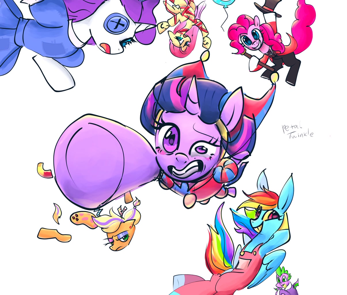 [alicorn,applejack,balloon,cane,clothes,crossover,doll,dragon,dress,earth pony,female,fluttershy,g4,grin,hat,jester,mane seven,mane six,mare,mask,modular,object pony,overalls,pegasus,pinkie pie,pony,ragdoll,rainbow dash,rarity,ribbon,robes,safe,simple background,spike,teeth,top hat,toy,toy pony,twilight sparkle,unicorn,white background,wings,gritted teeth,jester hat,living toy,underhoof,original species,hooves behind head,jester outfit,winged spike,smiling,hoof hold,hagwarders,living doll,doll pony,animate object,twilight sparkle (alicorn),zooble,artist:petaltwinkle,pomni,the amazing digital circus,ragatha,gangle,bubble (tadc),jax (tadc),caine (tadc),kinger]