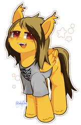 Size: 1265x1969 | Tagged: safe, artist:inkp0ne, pegasus, pony, alex gaskarth, clothes, commission, dyed mane, dyed tail, ear fluff, fangs, folded wings, hair over one eye, lidded eyes, looking at you, male, open mouth, outline, ponified, shirt, signature, simple background, solo, stallion, stars, t-shirt, tail, white background, white outline, wings