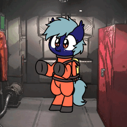 Size: 600x600 | Tagged: safe, artist:sugar morning, oc, oc:stellar light, bat pony, animated, bipedal, clothes, fangs, lethal company, solo, wings, ych animation