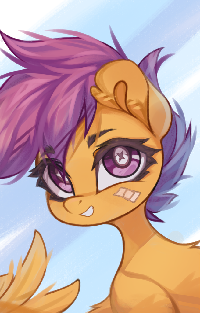 [bandaid,bust,eyebrows,female,filly,foal,g4,grin,looking at you,pegasus,pony,portrait,safe,scootaloo,solo,eye clipping through hair,smiling,eyebrows visible through hair,artist:jfrxd]