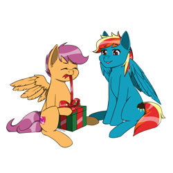 Size: 2000x2000 | Tagged: safe, artist:erein, scootaloo, oc, oc:storm, pegasus, pony, g4, brown eyes, christmas, christmas presents, colored, commission, cute, duo, ears up, eyes closed, female, flat colors, happy, high res, holiday, male, mouth hold, multicolored hair, parents:canon x oc, pegasus oc, present, simple background, smiling, spread wings, white background, wings