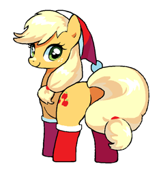 Size: 697x739 | Tagged: safe, artist:cheesesauce_45, applejack, earth pony, pony, g4, applebutt, butt, christmas, clothes, cute, female, hat, holiday, jackabetes, looking at you, looking back, looking back at you, mare, plot, santa hat, simple background, smiling, smiling at you, solo, stockings, thigh highs, white background