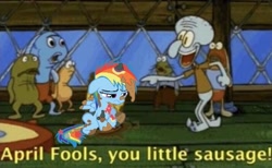 Size: 680x420 | Tagged: safe, edit, edited screencap, screencap, rainbow dash, pegasus, pony, g4, abuse, abuse edit, caption, dashabuse, female, filly, filly rainbow dash, foal, fools in april, go to sleep wind rider, op is a duck, op is trying to start shit, rainbow trash, reference, sad, spongebob reference, spongebob squarepants, squidward tentacles, subtitles, text, younger