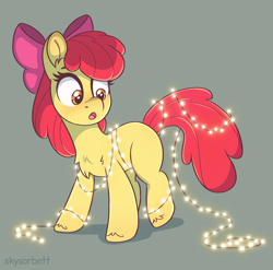 Size: 1692x1672 | Tagged: safe, artist:skysorbett, apple bloom, earth pony, pony, g4, adorabloom, blank flank, bow, chest fluff, christmas, christmas lights, cute, female, filly, foal, hair bow, holiday, lights, open mouth, simple background, solo, standing, surprised, tangled up, text