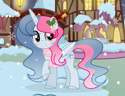 Size: 1617x1241 | Tagged: safe, artist:darbypop1, oc, oc:melody everbelle, alicorn, pony, clothes, female, mare, scarf, snow, solo