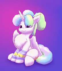 Size: 1768x2046 | Tagged: safe, artist:gosha305, princess celestia, alicorn, pony, g4, alternate hairstyle, chest fluff, clothes, cute, cutelestia, fluffy, folded wings, gradient background, horn, leg warmers, looking at you, pigtails, sitting, smiling, smiling at you, socks, solo, striped socks, wings, younger