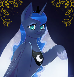 Size: 1920x1980 | Tagged: safe, artist:erein, princess luna, alicorn, pony, g4, blanket, bust, christmas, clothes, cute, ears up, eyeshadow, gradient background, holiday, horn, looking at you, makeup, portrait, shine, smiling, snow, snowfall, solo, sparkly mane, turquoise eyes, wings, winter