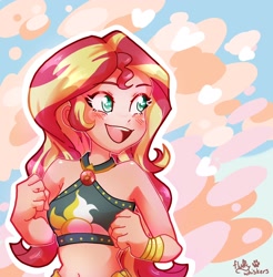Size: 2018x2048 | Tagged: safe, artist:fluffywhisker, sunset shimmer, human, equestria girls, g4, abstract background, belly button, bikini, blushing, clothes, cute, female, high res, human coloration, open mouth, open smile, sarong, shimmerbetes, signature, smiling, solo, sunset shimmer's beach shorts swimsuit, swimsuit, turned head
