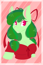 Size: 1365x2048 | Tagged: safe, artist:mscolorsplash, oc, oc only, oc:ribbon wreath, earth pony, anthro, bare shoulders, breasts, bust, busty oc, cleavage, female, mare, solo, striped background