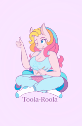 Size: 1325x2047 | Tagged: safe, artist:mscolorsplash, toola-roola, earth pony, anthro, plantigrade anthro, g3, breasts, busty toola-roola, cleavage, clothes, female, freckles, lotus position, mare, missing shoes, one eye closed, pants, pencil, shoulder freckles, sitting, socks, solo, stocking feet, sweatpants, thumbs up, tongue out