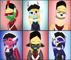 Size: 4096x3424 | Tagged: safe, artist:mairiathus, bat pony, bird, deer, dragon, owl, pony, zebra, bust, clothes, feather, hat, horn, multiple horns, portrait, soldier, tricorn, uniform, war, wings