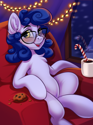 Size: 1376x1852 | Tagged: safe, artist:kittytitikitty, oc, oc only, earth pony, pony, blushing, candy, candy cane, chest fluff, chocolate, christmas, cookie, couch, featureless crotch, food, glasses, holiday, hot chocolate, pony oc, solo