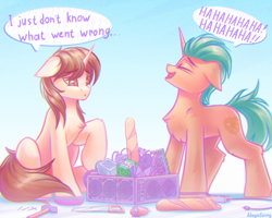 Size: 2500x2000 | Tagged: safe, artist:adagiostring, oc, oc only, oc:gadget (lahirien), oc:phaidon, unicorn, bread, brown mane, commission, commissioner:synapsid1138, computer, dialogue, duo, food, funny, green mane, high res, i just don't know what went wrong, lol, male, male oc, sad, sitting, stallion, standing