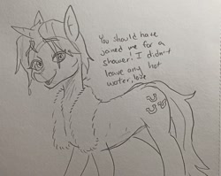 Size: 1650x1312 | Tagged: safe, artist:pony quarantine, zesty gourmand, pony, unicorn, g4, dialogue, eye clipping through hair, eyebrows, eyebrows visible through hair, female, grayscale, mare, monochrome, pencil drawing, solo, talking to viewer, towel, traditional art, wet, wet mane