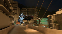 Size: 828x465 | Tagged: safe, artist:foxfer64_yt, oc, oc only, oc:silverstream (robot pony), original species, pony, car, city, confident, ears back, highway, jumping, night, photo, race, racecar, solo