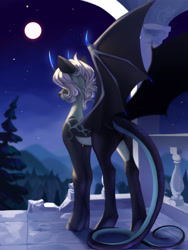 Size: 1800x2400 | Tagged: safe, artist:ryusya, oc, pony, castle, demon wings, devil horns, horns, moon, night, solo, tail, wings