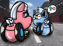 Size: 828x613 | Tagged: safe, artist:foxfer64_yt, oc, oc only, oc:silverstream (robot pony), oc:trackhead, original species, pony, robot, robot pony, wheelpone, chatting, city, day, duo, happy, highway, looking at each other, looking at someone, photo, siblings, skyscraper, smiling