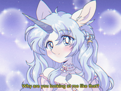 Size: 2560x1919 | Tagged: safe, artist:pierogarts, oc, pony, unicorn, anthro, abstract background, bare shoulders, blushing, ear fluff, eye clipping through hair, eyebrows, eyebrows visible through hair, jewelry, necklace, solo