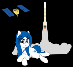 Size: 3320x3070 | Tagged: safe, artist:seafooddinner, oc, oc only, oc:jaxapone, pony, black background, high res, rocket, satellite, simple background, solo