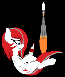 Size: 2100x2490 | Tagged: safe, artist:seafooddinner, oc, oc only, oc:roscosmospone, pony, black background, high res, rocket, simple background, solo