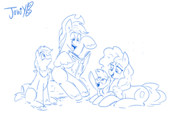 Size: 3425x2480 | Tagged: safe, artist:jowyb, applejack, big macintosh, bright mac, pear butter, earth pony, pony, g4, book, colt, colt big macintosh, family, female, filly, filly applejack, foal, high res, lying down, male, monochrome, open mouth, open smile, prone, signature, simple background, sitting, sketch, smiling, story time, white background, younger