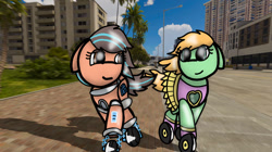 Size: 828x465 | Tagged: safe, artist:foxfer64_yt, oc, oc only, oc:goldheart, oc:robertapuddin, original species, pony, robot, robot pony, city, cityscape, day, duo, ears back, happy, hawaii, honolulu, looking at each other, looking at someone, photo, roller skates, skates, skyscraper, smiling, street