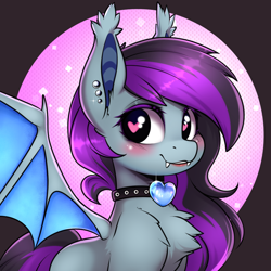 Size: 1000x1000 | Tagged: safe, artist:ynery, oc, oc only, oc:ynery, bat pony, pony, bat ears, bat pony oc, bat wings, blushing, chest fluff, ears up, fangs, female, heart, heart eyes, jewelry, looking at you, mare, necklace, purple hair, smiling, smiling at you, solo, spread wings, wingding eyes, wings