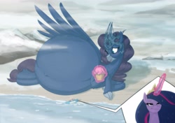 Size: 5011x3531 | Tagged: safe, artist:carnifex, twilight sparkle, oc, oc:marinia, alicorn, hippogriff, kaiju, kaiju pony, monster pony, g4, belly, belly button, big belly, blushing, crown, cupcake, duo, duo female, female, fetish, food, hippogriff oc, huge belly, hyper, hyper belly, hyper pregnancy, imminent nom, impossibly large belly, jewelry, lying down, macro, magic, mist, ocean, older, older twilight, older twilight sparkle (alicorn), on side, pregnant, princess twilight 2.0, regalia, scenery, sharp teeth, ship, smiling, smug, teeth, twilight sparkle (alicorn), water
