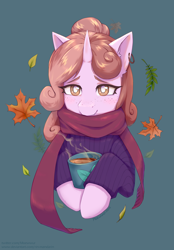 Size: 1600x2300 | Tagged: safe, artist:moewwur, artist:rin-mandarin, oc, oc only, oc:plum rose, pony, unicorn, autumn, clothes, commission, cup, ear piercing, earring, ginger hair, halfbody, horn, jewelry, leaves, light fur, maid, piercing, scarf, solo, teacup, unicorn oc, ych result