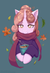 Size: 1600x2300 | Tagged: safe, artist:moewwur, artist:rin-mandarin, oc, oc only, oc:plum rose, pony, unicorn, autumn, clothes, commission, cup, ear piercing, earring, ginger hair, halfbody, horn, jewelry, leaves, light fur, maid, piercing, scarf, solo, teacup, unicorn oc, ych result