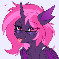 Size: 3000x3000 | Tagged: safe, artist:pesty_skillengton, oc, oc only, oc:sithilis, bat pony, pony, bat wings, bust, chest fluff, cute, fangs, female, glasses, high res, horn, mare, portrait, solo, tongue out, wings
