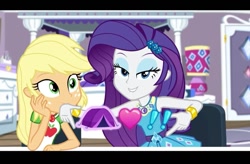 Size: 719x472 | Tagged: safe, screencap, applejack, rarity, equestria girls, g4, apple, clothes, dress, duo, duo female, exclamation point, female, food, heart, jewelry, pun, shipping fuel, shirt, tent, visual pun