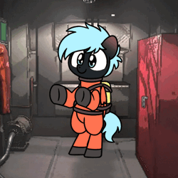 Size: 600x600 | Tagged: safe, artist:sugar morning, oc, oc:midnight lancer, pegasus, pony, air tank, animated, bipedal, blue eyes, clothes, cute, dancing, gif, harness, hazmat suit, lethal company, shoes, solo