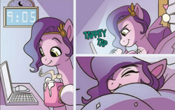 Size: 756x475 | Tagged: safe, idw, official comic, pipp petals, pegasus, pony, g5, spoiler:comic, spoiler:g5comic, spoiler:g5comic04, adorapipp, blanket, chocolate, collage, computer, cropped, cute, female, food, hot chocolate, laptop computer, mare, marshmallow, sleeping, solo