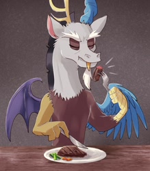 Size: 1172x1338 | Tagged: safe, artist:plusplus_pony, discord, draconequus, g4, eating, eyes closed, food, fork, knife, male, meat, omnivore, plate, solo, spread wings, steak, vegetables, wings