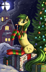 Size: 2131x3332 | Tagged: safe, artist:lightly-san, artist:lunebat, apple fritter, earth pony, pony, g4, apple family member, candy, candy cane, christmas, christmas tree, clothes, collaboration, female, food, high res, holiday, looking at you, mare, moon, present, sitting, snow, snowfall, socks, solo, striped socks, tree