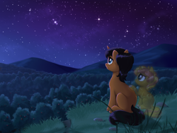 Size: 2400x1800 | Tagged: safe, artist:sirzi, oc, oc only, pony, unicorn, duo, horn, mountain, night, scenery, stars, unicorn oc