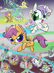 Size: 3000x4000 | Tagged: safe, artist:ja0822ck, apple bloom, princess celestia, scootaloo, sweetie belle, pegasus, g4, crossover, cutie mark crusaders, fuzzy lumpkins, sun, the gangreen gang, the powerpuff girls