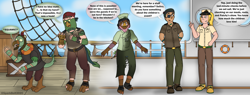 Size: 3108x1185 | Tagged: safe, artist:sparkbolt3020, boyle, captain celaeno, lix spittle, mullet (g4), squabble, bird, human, parrot pirates, anthro, g4, anthro to human, comic, commission, dialogue, humanized, mental shift, mid-transformation, mind control, pirate, pirate ship, post-transformation, reality shift, speech bubble, transformation