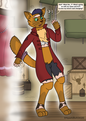 Size: 1614x2283 | Tagged: safe, artist:sparkbolt3020, capper dapperpaws, abyssinian, human, g4, abyssinian to human, clothes, comic, commission, dialogue, humanized, mind control, reality shift, shocked, shocked expression, transformation, transformation sequence