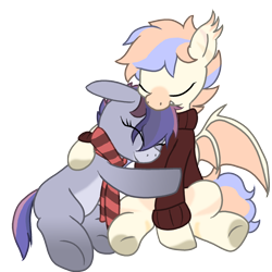 Size: 2000x2000 | Tagged: safe, artist:littlefaith9, derpibooru exclusive, oc, oc only, oc:faith donk, oc:peanut parade, bat pony, donkey, pony, 2024 community collab, derpibooru community collaboration, clothes, duo, duo male and female, eyes closed, fangs, female, floppy ears, high res, hug, male, scarf, simple background, spread wings, striped scarf, sweater, transparent background, wings