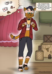 Size: 1614x2283 | Tagged: safe, artist:sparkbolt3020, capper dapperpaws, human, g4, abyssinian to human, bits, card, clothes, comic, commission, cup, dialogue, dice, humanized, mind control, reality shift, thought bubble, transformation, transformation sequence